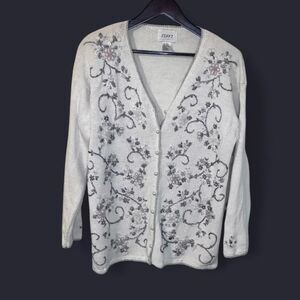 Vintage White Floral Embroidered and Beaded Cardigan Sweater
